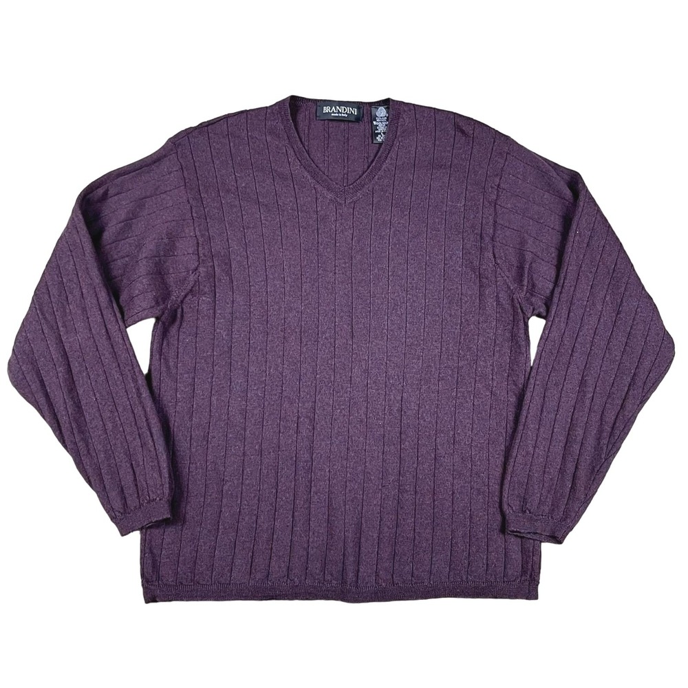 Brandini 100% Wool Wine Colored Ribbed V-Neck Sweater Size Large